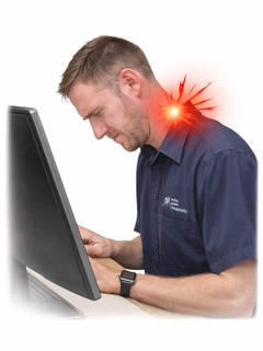 Man at computer suffering from neck pain — highlighted pain point